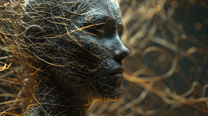 Wall Mural -  a close up of a statue of a person with hair on it's head and a background of branches.