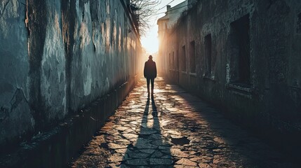 Wall Mural -  a person standing in an alley way with the sun shining through the shadows of the buildings on either side of the alley.