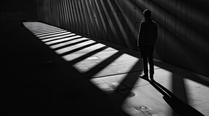 Poster -  a black and white photo of a person standing in front of a wall with the sun shining through the windows.