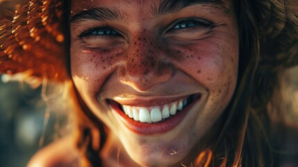 Sticker -  a close up of a smiling woman with freckles on her head and a straw hat on her head.