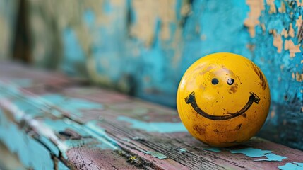 Sticker -  a yellow smiley face ball sitting on top of a blue and yellow painted bench with a smiley face painted on it.