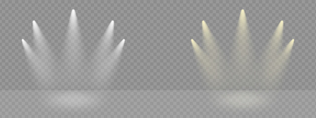 Fototapete - Light rays effect vector on transparant scene. Stage lamp on award ceremony flare the event. Spot beam shine and glow, illuminate concert studio.