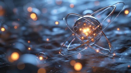 a detailed model of an atom, with orbiting electrons, glowing against a dark, plain backdrop, emphas