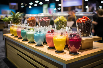 Poster - A lively yogurt smoothie station at a health expo - featuring blending machines and a vibrant selection of fruits