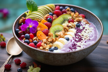 Wall Mural - A modern and trendy presentation of a yogurt bowl - topped with exotic superfoods - offering a nutritional boost 