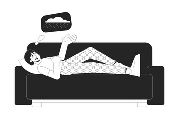 Poster - depressed female patient lying on sofa black and white 2d line cartoon character. winter blues sad a