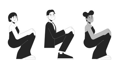 Poster - Prom girls and boy black and white 2D line cartoon characters set. Diverse young adult isolated vector outline people collection. High school graduation party monochromatic flat spot illustrations