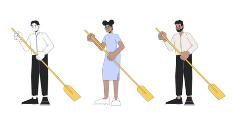 Poster - Formal diverse adults rowing paddles 2D linear cartoon characters set. Multicultural isolated line vector people white background. Leisure activity water color flat spot illustrations collection