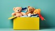 Charity Donation Box. Toys, Books, Clothing on Light Blue Background. Aiding Low-Income Families, Decluttering, Selling Online, and Relocating Assistance