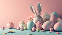 3D Illustration Of Bunny With A Basket Of Easter Eggs, Ample Copyspace On The Side Pastel Color Theme,, Easter Bunny And Easter Eggs, 