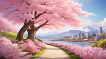 A Serene Stroll Through A Sakura Garden On A Sunny Spring Day.