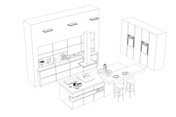 Wall Mural - Kitchen interior furniture isolated on a white background, outline illustration, sketch