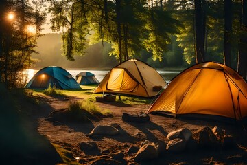 Wall Mural - tent in the forest, Camp by the river in the setting sun stock photo-