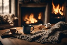 Mug With  Tea Standing On A Table With Woolen Blanket In A Cozy Living Room With Fireplace. Cozy Winter Day. Created With Generative AI Technology 