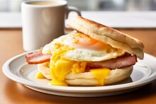 English Muffin With Fried Egg, Ham And Cheese Breakfast On The White Plate With A Cup Of Coffee
