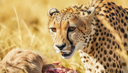 Wall Mural - leopard with his prey antelope. wild cheetah hunt in africa