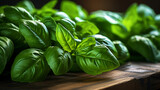 Fototapeta Dmuchawce - Fresh Basil Leaves on Wooden Surface Highlighting Natural Aromas and Freshness