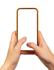 Poster - Mobile phone mockup and fingers texting on blank screen, smartphone, isolated on white