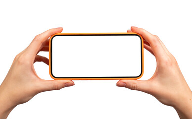 Poster - Horizontal screen in hands. Mobile smartphone mockup in hands isolated on white