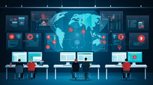 Cybersecurity Center With Analysts, Firewall And Padlock Icons.