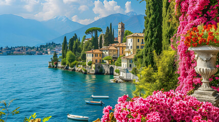 italian lake villa with pink flowers and view of the beautiful mountains