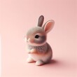 Cute fluffy gray Easter bunny toy among colorful eggs on a pastel pink background. Minimal Easter holiday concept. Wide screen wallpaper. Web banner with copy space for design.