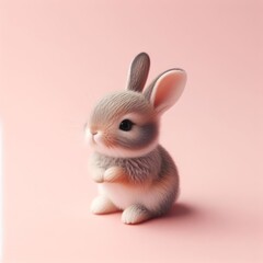 cute fluffy gray easter bunny toy among colorful eggs on a pastel pink background. minimal easter ho