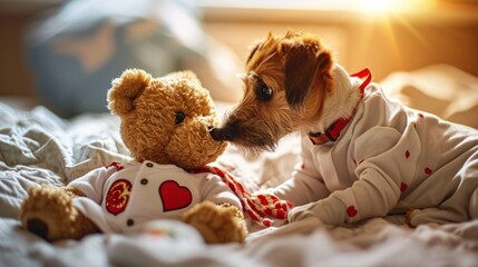 Wall Mural -  a small brown dog laying on top of a bed next to a  bear on top of a white blanket. 