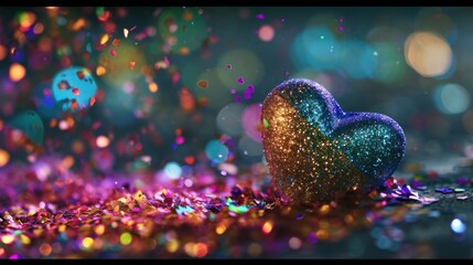 Wall Mural -  a heart shaped object sitting on top of a pile of confetti sprinkled with gold and blue.
