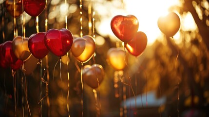 Poster -  a bunch of red and gold hearts hanging from a string in the air with the sun shining through the trees in the background.