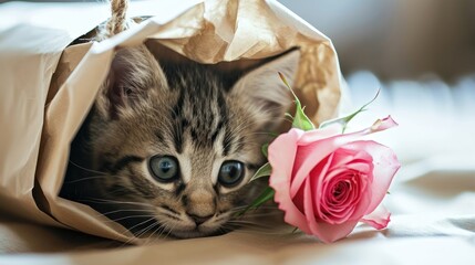 Poster -  a small kitten peeking out from inside a paper bag with a pink rose in front of it and a brown paper bag with a pink rose in front of it.