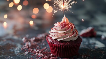 Canvas Print -  a red cupcake with white frosting and a sparkler sticking out of the top of the cupcake.