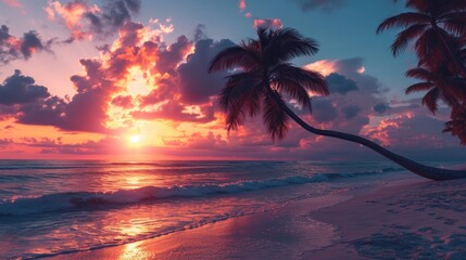  a sunset on a tropical beach with palm trees in the foreground and the sun setting in the middle of the ocean.