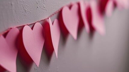 Wall Mural -  a bunch of pink paper hearts hanging on a wall with a string of pink paper hearts hanging from the side of the wall.