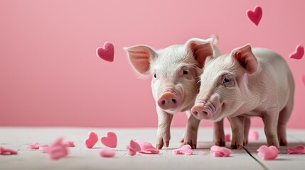 Wall Mural -  a couple of pigs standing next to each other on top of a white floor covered in pink heart shaped confetti.