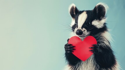 Wall Mural -  a raccoon holding a red heart in it's paws and looking at the camera with a serious look on his face.