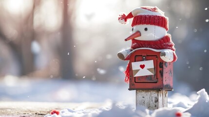 Poster -  a close up of a mailbox in the snow with a snowman in a hat and scarf on top of it.