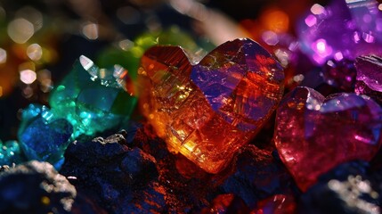  a group of multicolored crystals sitting on top of a pile of rock next to a pile of rocks.