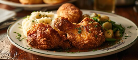 Wall Mural - Southern-style fried chicken served with homemade biscuits and mashed potatoes.