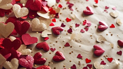 Wall Mural -  a table topped with lots of red and white heart shaped confetti on top of a white table cloth.