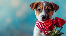  A Brown And White Dog With A Red Polka Dot Collar Holding A Red Rose In It's Mouth And Looking At The Camera.