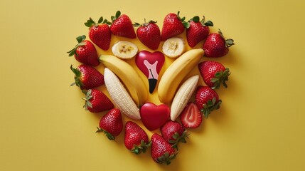 Sticker -  a heart shaped arrangement of bananas, strawberries, bananas and strawberries on a yellow background with a red heart.