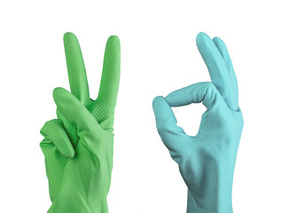 Wall Mural - Hand gestures for cleaning service. OK, victory, V sign, isolated on white