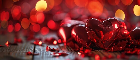 Wall Mural -  a pile of red foil hearts sitting on top of a wooden table next to a pile of confetti.