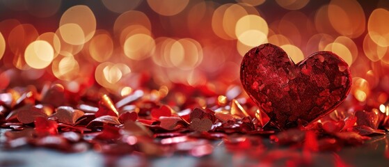 Wall Mural -  a red heart sitting on top of a pile of red and gold confetti next to a blurry background.