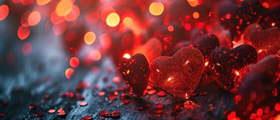 Wall Mural -  a group of red hearts sitting on top of a black table next to a red wall covered in drops of water.