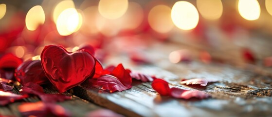 Canvas Print -  a close up of a heart shaped object on a wooden surface with petals on the floor and candles in the background.