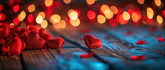 Poster -  a group of red hearts sitting on top of a wooden table next to a string of red and white lights.