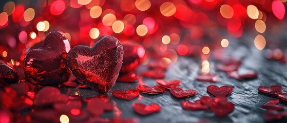 Canvas Print -  a couple of red hearts sitting on top of a table next to a pile of red confetti hearts.