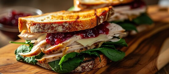 Wall Mural - Delicious turkey sandwich with brie, spinach, and cranberry sauce.